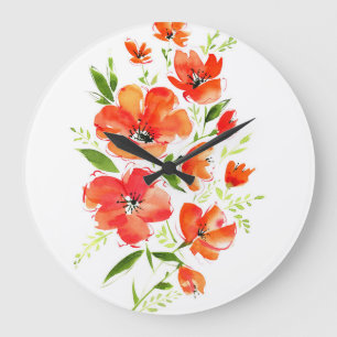 Reloj Redondo Grande Acuarela de amapola ornamental: Bouquet aislado
