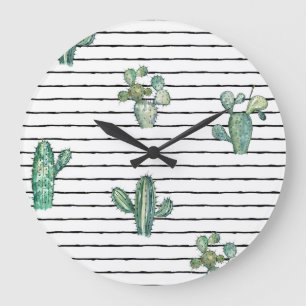 Reloj Redondo Grande Acuarela de Cactus: Dibujo de Pluma Vintage.