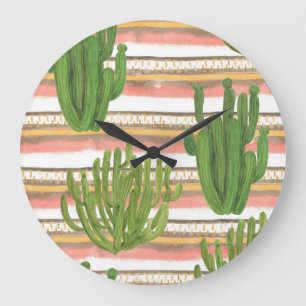 Reloj Redondo Grande acuarela de cactus, fondo de banda, palmas sin sol