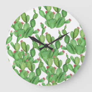 Reloj Redondo Grande Acuarela de Cactus: fondo de patrón sin soldadura