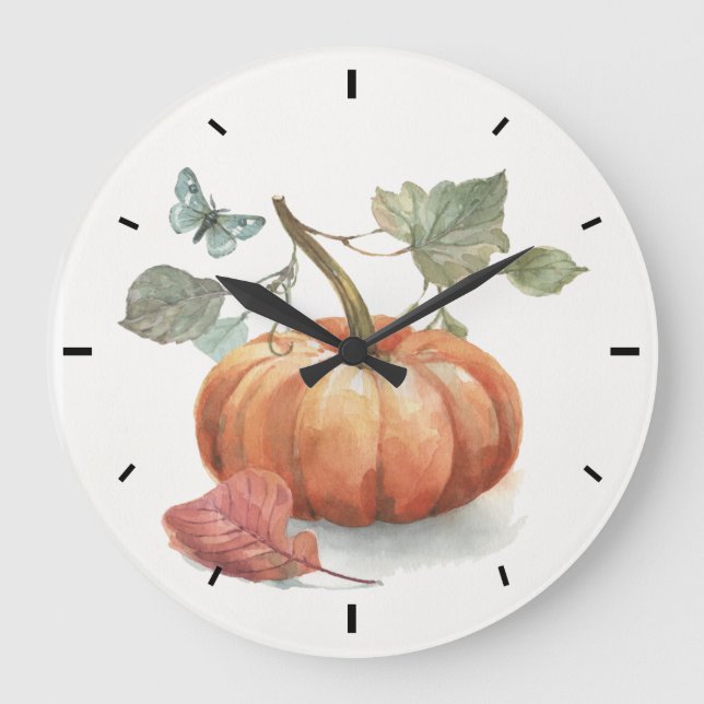 Reloj Redondo Grande Acuarela de calabaza de otoño rústica (Anverso)