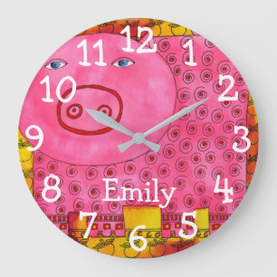 Reloj Redondo Grande Acuarela de cerdo estampado con nombre personaliza