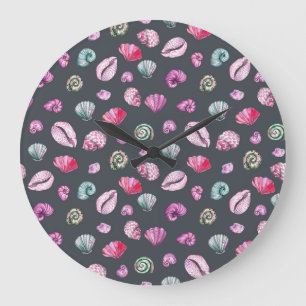 Reloj Redondo Grande Acuarela de conchas marinas: Patrón azul oscuro