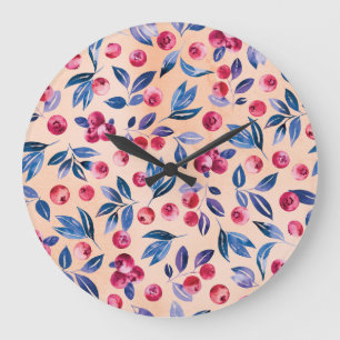 Reloj Redondo Grande Acuarela de Cranberry: Fresas silvestres sin mar