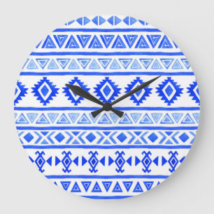Reloj Redondo Grande Acuarela de etnia azteca, patrón geométrico.