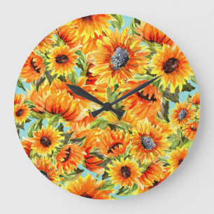 Reloj Redondo Grande Acuarela de girasoles: Ilustracion sin foco