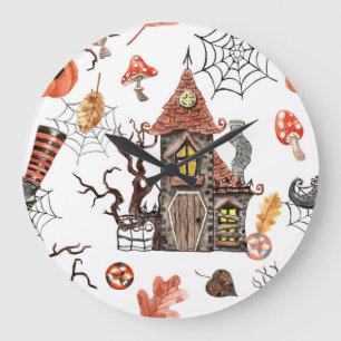 Reloj Redondo Grande Acuarela de Halloween: Patrón de la casa embrujada