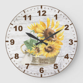 Reloj Redondo Grande Acuarela de madera rústica Sunflower amarillo
