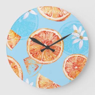 Reloj Redondo Grande Acuarela de mandarinas: tela azul de lujo