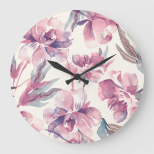 Reloj Redondo Grande acuarela de peonies: fondo floral sin fisuras.
