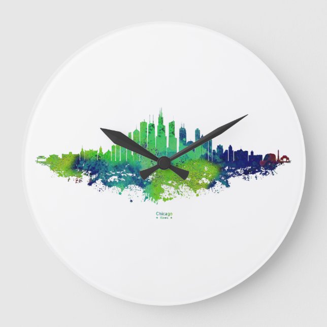 Reloj Redondo Grande Acuarela del Skyline de Chicago en azul y cal (Anverso)