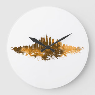 Reloj Redondo Grande Acuarela del Skyline de Chicago en naranja