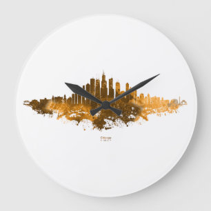 Reloj Redondo Grande Acuarela del Skyline de Chicago en naranja