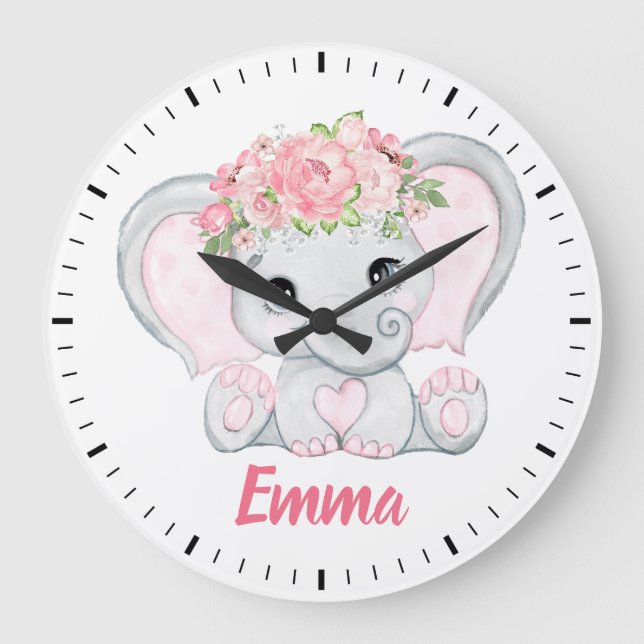 Reloj Redondo Grande Acuarela Elefante Nursera Chica Floral Rosa (Anverso)