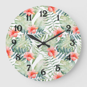 Reloj Redondo Grande Acuarela floral de hibisco hojas tropicales
