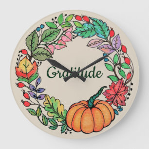 Reloj Redondo Grande Acuarela Hermosa guirnalda de calabaza con hojas