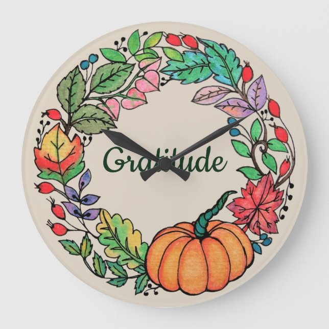 Reloj Redondo Grande Acuarela Hermosa guirnalda de calabaza con hojas (Anverso)