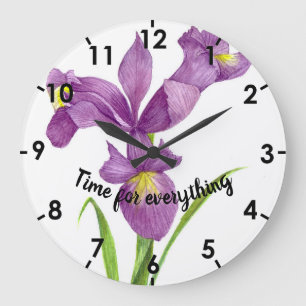 Reloj Redondo Grande Acuarela Iris Púrpura Arte Botánico Floral
