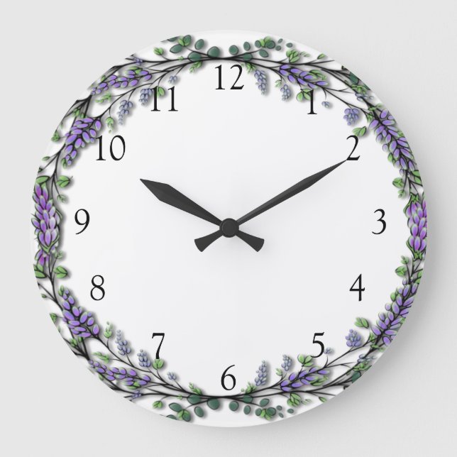 Reloj Redondo Grande Acuarela lavanda eucalipto morado floral (Anverso)