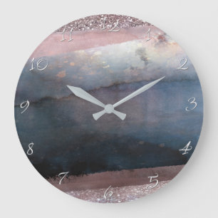Reloj Redondo Grande Acuarela moderna azul y rosa dorado Glam