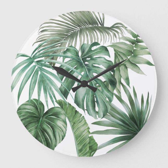 Reloj Redondo Grande Acuarela moderna Las hojas tropicales de Monstera (Anverso)