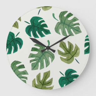 Reloj Redondo Grande Acuarela Monstera: Textura verde sin foco.