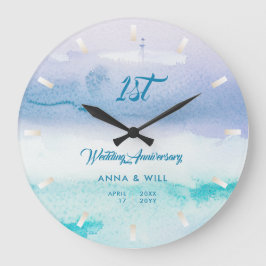 Reloj Redondo Grande Acuarela Olas oceánicas Aniversario Boda moderno