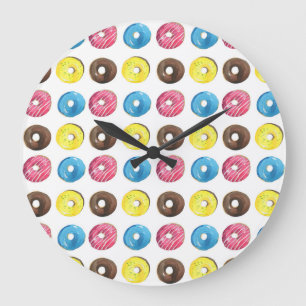 Reloj Redondo Grande Acuarela pequeñas donuts, patrón sin costuras.