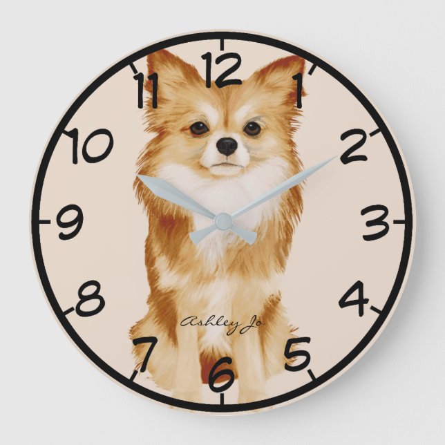 Reloj Redondo Grande Acuarela personalizada de perro de papilón (Anverso)