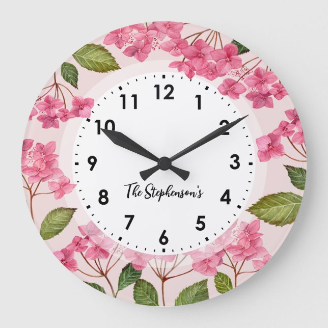 Reloj Redondo Grande Acuarela Pink Hydrangea Lacecaps Ilustracion (Anverso)