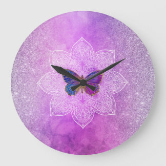Reloj Redondo Grande *~* Acuarela Purpurina de yoga mariposa Mandala