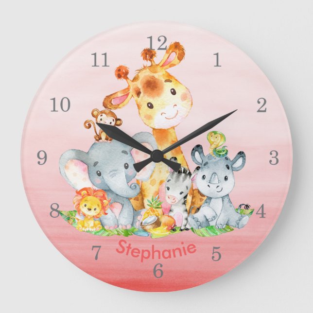 Reloj Redondo Grande Acuarela rosa Cute Safari Jungle Animales (Anverso)