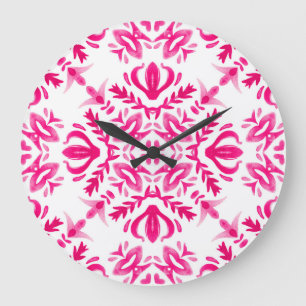 Reloj Redondo Grande acuarela rosa: diseño geométrico de baldosas.