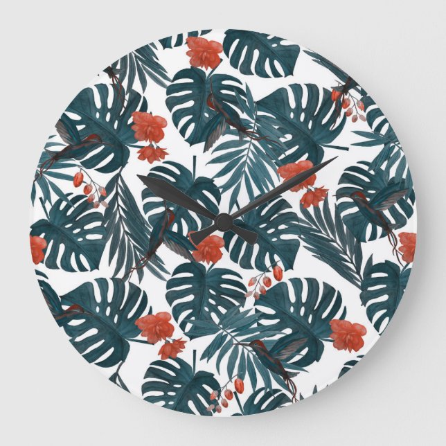 Reloj Redondo Grande acuarela tropical, hojas, flores, colibríes (Anverso)