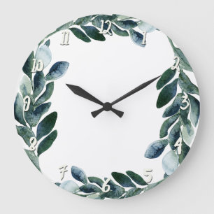 Reloj Redondo Grande Acuarela Verde Follaje Verde Botánica Rústica