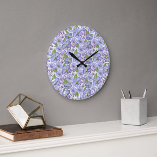 Reloj Redondo Grande Acuarela Violetas Moradas y Patrón Floral