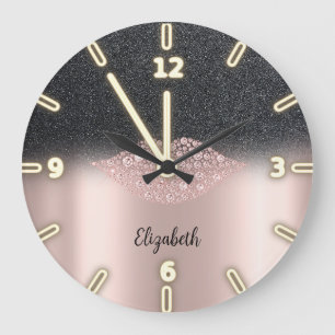 Reloj Redondo Grande Adorable Cool Trendy Rose Gold Diamonds Lips  