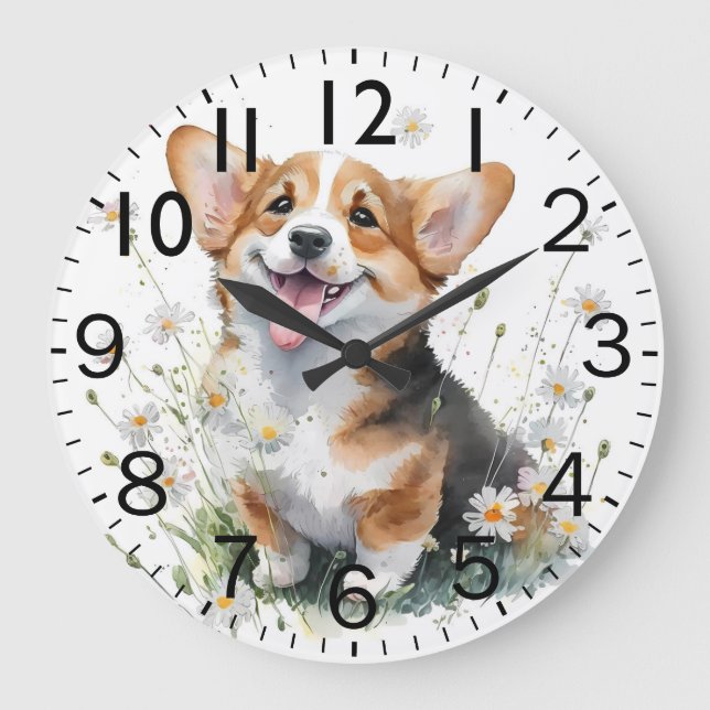 Reloj Redondo Grande Adorable Corgi Puppy Dog (Anverso)