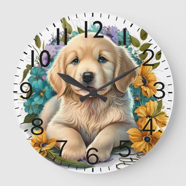 Reloj Redondo Grande Adorable Golden Retriever Puppy Dog (Anverso)