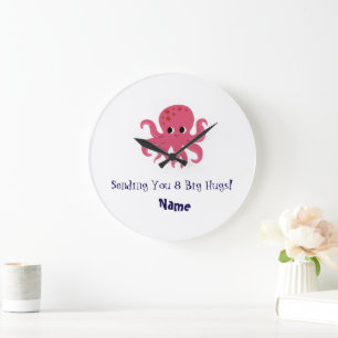 Reloj Redondo Grande Adorable ilustración Kawaii de pulpo rosa lindo