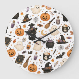 Reloj Redondo Grande Adorable patrón de acuarela de Halloween con gatos