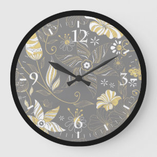 Reloj Redondo Grande Adorable patrón floral dorado negro vintage