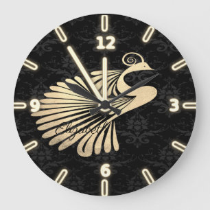Reloj Redondo Grande Adorable Pavón Dorado Negro Damask- Personalizado