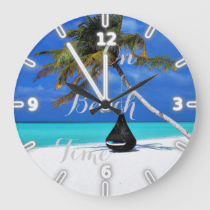 Reloj Redondo Grande Adorable Playa Tropical, Arena Océano Cielo Palma