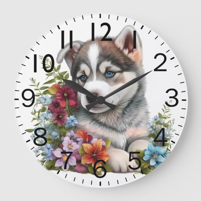 Reloj Redondo Grande Adorable Siberian Husky Puppy Dog (Anverso)