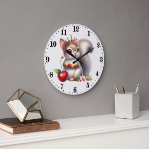Reloj Redondo Grande Adorables amantes de la cereza ardilla