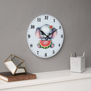 Reloj Redondo Grande Adorables amantes de sandías de elefante