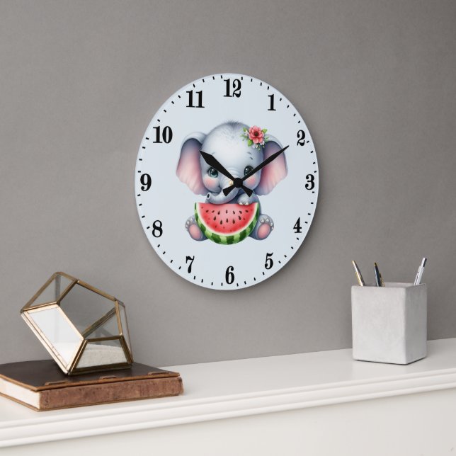 Reloj Redondo Grande Adorables amantes de sandías de elefante (Oficina)