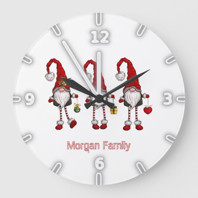 Reloj Redondo Grande Adorables Gnomos Rojos de Navidad (Anverso)