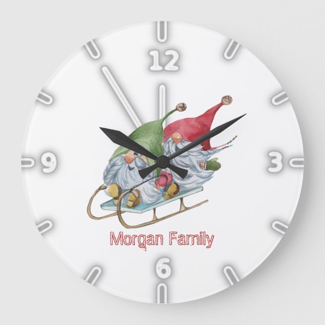 Reloj Redondo Grande Adorables Navidades Whimsical Gnomes Sleigh (Anverso)